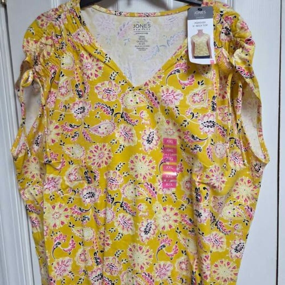 Jones New York womens xxl yellow print vneck with ties at shoulders knit top new